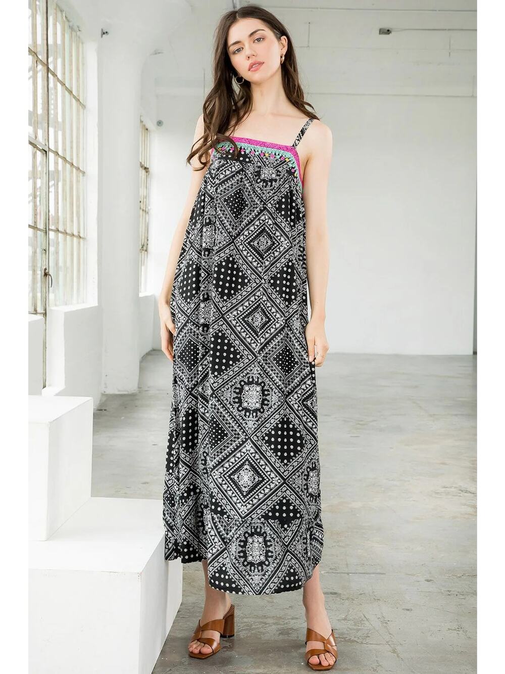 THML Black Embroidered Bandana Print Relaxed Fit Boho Southwestern Midi Dress L